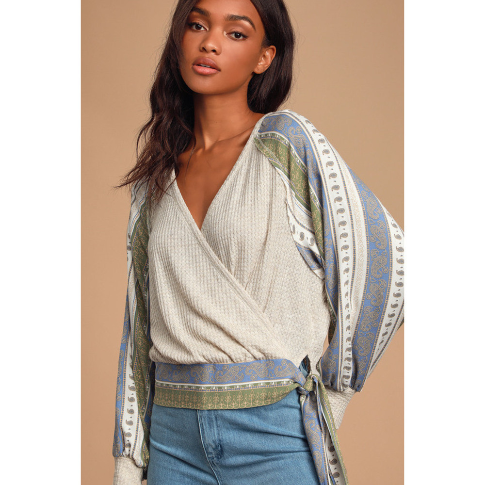 Lulus Laidback Vibes Beige Thermal Scarf Print Balloon Sleeve Top - Size S